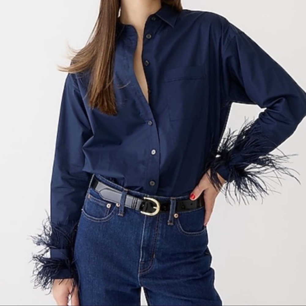 J Crew Collection Navy Poplin Button Blouse with Feathered Cuffs